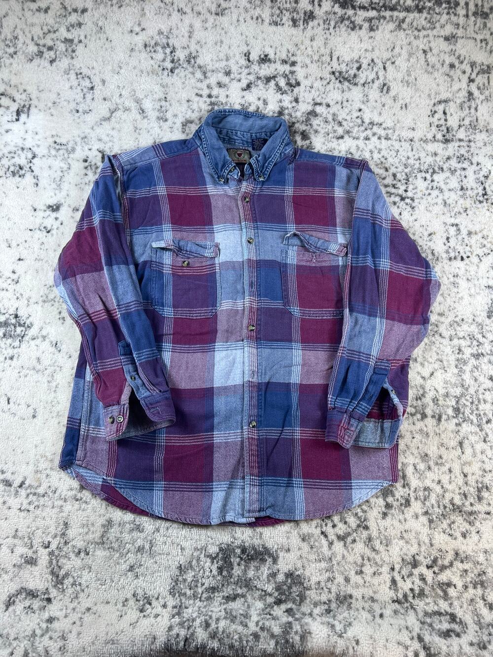 Vintage Halifax Shirt Mens XL Blue Maroon Denim Collar Flannel Plaid Heavyweight